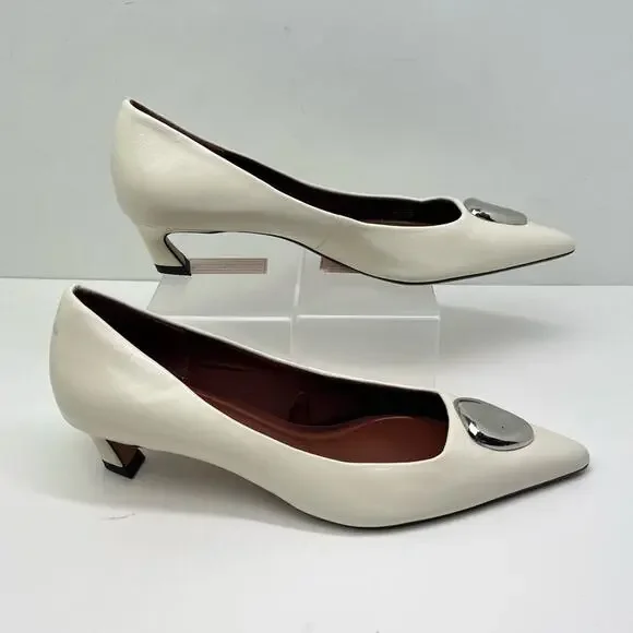 Zara Women's Metal Detail White Leather Kitten Heel Pointed Toe Shoes - Picture 11 of 11